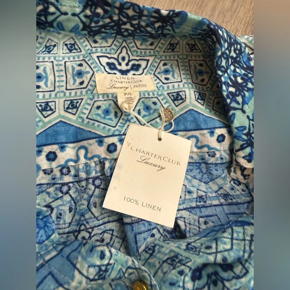 NWT Charter Club Linen Button‎ Down Shirt Long Sleeve Blue Mint Petite Large - Picture 4 of 8